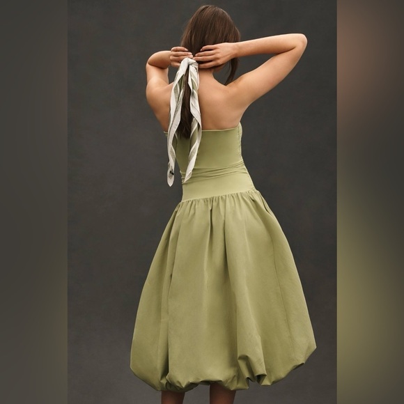 NWT! Anthro Sage Green Mare Mare Strapless Drop-Waist Bubble Midi Dress 🔴🐚🖼️ - Picture 2 of 11